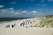 Roofed wicker beach chairs at sandy beach, Kampen, Sylt, Schleswig-Holstein, Germany