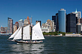 Sailboat Nearing the Port of New York at the Foot of the Dosntown Office Buildings, Financial District, New York City, United States of America, Usa