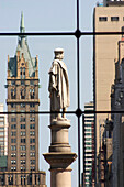Statue of Christopher Columbus on Columbus Circle Seen in the Windows of Time Warner Building, Manhattan, New York City, United States of America, Usa