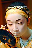 A Geisha's Traditional Makeup (Doran), a Black Line to Highlight the Countour of the Eyes, the Hair Is Tied Back to Go Under a Wig (Katsura), Gion District, Kyoto, Japan, Asia
