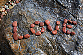 Love Written in Red Stones on a Grey Rock