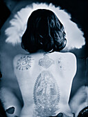 Nude Woman With Large Tattoos on Back, Ambrotype