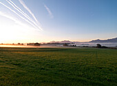 Morgenstimmung mit aufgehenden Sonne, Schafwaschen Bucht, Chiemsee, Chiemgau, Bayern, Deutschland