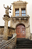Stairways and Lady Justice to town hall, old town Goerlitz, Saxony, Germany