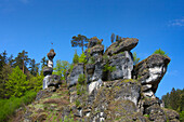 Limestone rocks under blue sky, Wiesent valley, Pottenstein, Fraenkische Schweiz, Franconia, Bavaria, Germany, Europe