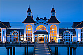 Illuminated pier in the evening, Sellin seaside resort, Ruegen island, Baltic Sea, Mecklenburg-West Pomerania, Germany