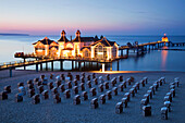 Illuminated pier in the evening, Sellin seaside resort, Ruegen island, Baltic Sea, Mecklenburg-West Pomerania, Germany, Europe