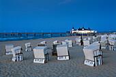 Beach chairs and pier in the evening, Ahlbeck seaside resort, Usedom island, Baltic Sea, Mecklenburg-West Pomerania, Germany