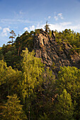 Rock formation Adlerklippe above Oker valley, near Goslar, Harz mountains, Lower Saxony, Germany