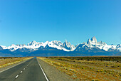 Argentina, Patagonia, Los Glaciares National Park, road in pampas, Andes cordillera in background