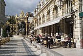 France, Lorraine, Meurthe et Moselle, Nancy, Stanislas square, Neptune fountain, coffee shop