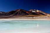 Chile, San Pedro de Atacama, Laguna Tuyajto, colored mountain in the back, lake