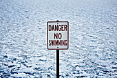 Danger No Swimming Sign, Winter, Chicago, Illinois, USA