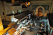 View into the medina behind Bab Boujeloud, Old town with restaurants and market stalls, Fes, Morocco, Africa