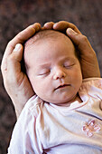 Baby schläft in den Händen des Vaters, Deutschland, Europa