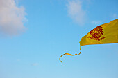Flag of the king of Thailand on a diving boat blowing in the wind against blue sky, Similan Islands, Andaman Sea, Thailand