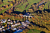 Aerial view of the town of Daun with railway viaduct, Daun, Rhineland Palatinate, Germany, Europe