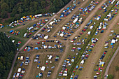 Aerial view of Opel car reunion on a field, Eifel, Rhineland Palatinate, Germany, Europe