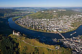 Aerial view of the Moselle river at Bernkastel with Landshut castle, Eifel, Rhineland Palatinate, Gemany, Europe