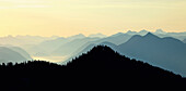 Sunrise at Wank with view over Karwendel mountain range and Upper Isar valley, Upper Bavaria, Germany