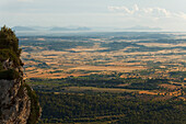 View from Puig de Randa, mountain with monastries, near Llucmayor, plain Es Pla, Mallorca, Balearic Islands, Spain, Europe