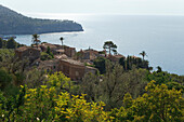 View of Lluc Alcari village at the coast, Tramuntana mountains, Mallorca, Balearic Islands, Spain, Europe