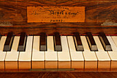 Keys of piano de Pleyel at cell 4 at monastery Sa Cartoixa, La Cartuja, Valldemossa, Tramuntana mountains, Mallorca, Balearic Islands, Spain, Europe