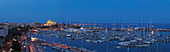 View of harbour, cathedral La Seu and palace Palau de l'Almudaina in the evening, Palma de Mallorca, Mallorca, Balearic Islands, Spain, Europe