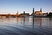 Canaletto view, view over the Elbe river to Augustus bridge, Frauenkirche, Staendehaus, Hofkirche and Dresden castle in the evening light, Dresden, Saxonia, Germany, Europe