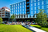 Cafe in courtyard, HafenCity, Hamburg, Germany