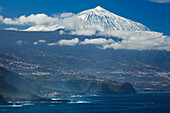 Coastline, valley of Orotava, view to Teide 3718m, the islands landmark, country high point, volcanic mountain, Tenerife, Canary Islands, Spain, Europe