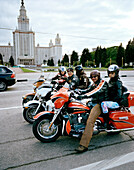 Harley riders in front of Lomonossow University, built in 1949, near Vorobyovy Gory, Sparrow Hills,  Moscow, Russia, Europe