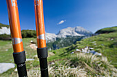 Close up of hiking poles, Triglav National Park, Slovenia, Europe