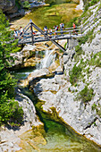 Blick von oben auf Wanderer auf einer Brücke, Ötscherland, Ötschergräben, Niederösterreich, Österreich, Europa