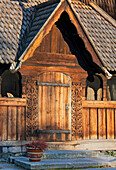 Close up of the entrance to Heddel stave church, Heddal, Notodden, Telemark, Norway