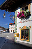 Facade of the wine bar in Wallgau with letter box, Wallgau, Bavaria, Germany