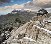 Snow covered rocks in the mountains Serra de Tramuntana, Mallorca, Spain, Europe