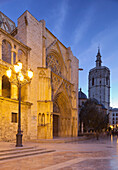 Illuminated cathedral in the evening, Catedral de Santa Maria de Valencia, Plaza de la Virgen, Valencia, Spain, Europe