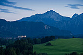 View to Fuessen with Allgaeu Alps in the background, Fuessen, Allgaeu, Bavaria, Germany