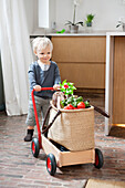 Boy pushing a cart with a vegetable bag on it