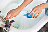 Close-up of a woman's hand pouring aromatherapy oil in a bathtub