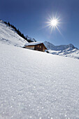 Alpine hut in the snow, Kloesterle, Arlberggebiet, Austria