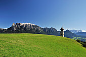 Church spire with Schlern, Klobenstein, Sarntal Alps, Dolomites, UNESCO World Heritage Site, South Tyrol, Italy