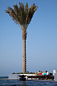 Couple relaxes near palm tree, The Long Pool, The Chedi Muscat hotel, Muscat, Masqat, Oman, Arabian Peninsula