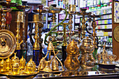 Tea pots and water pipes at Egyptian Bazaar, Misir Carsisi, Istanbul, Turkey, Europe