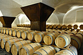 Fässer in einem Weinkeller, Ansitz Löwengang, Margreid an der Weinstrasse, Südtirol, Italien, Europa