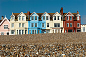Traditional Victorian seafront houses facing the shingle beach at Aldeburgh, Suffolk, UK