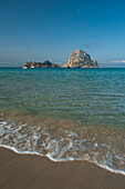 Looking out to Es Vedra Island from Cala d'Hort beach, Ibiza, Spain.