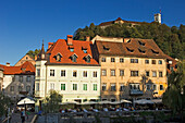 Riverfront Buildings with Castle Hill in background, Ljubljana, Slovenia