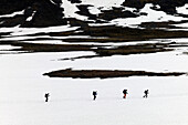 Hikers on Kungsleden Trail in snow, elevated view, Abisko, Sweden